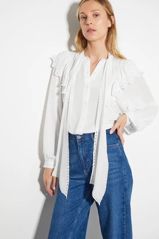 Cassie Broderie Frill Tie-Neck Blouse Ivory