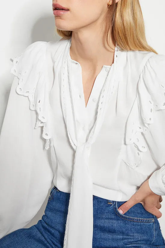 Cassie Broderie Frill Tie-Neck Blouse Ivory