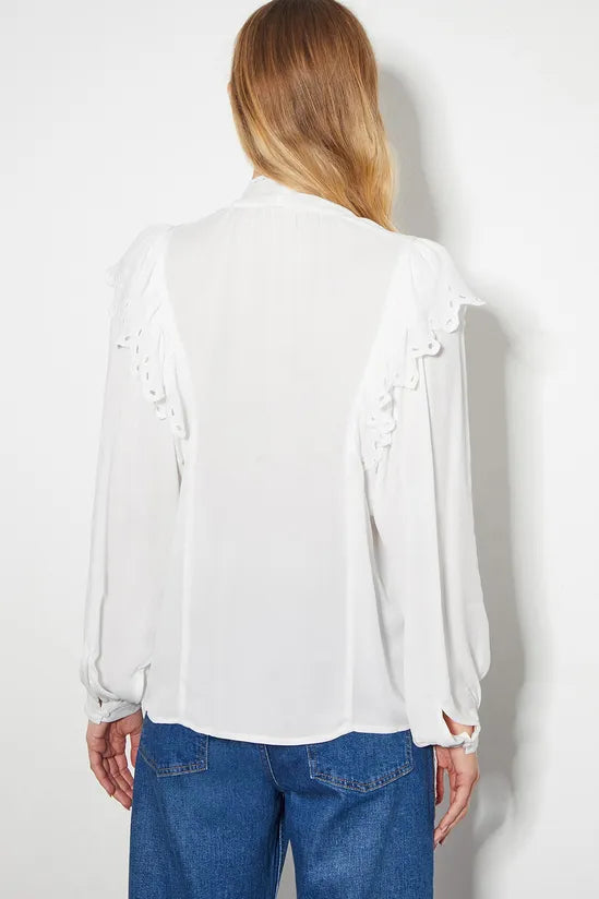 Cassie Broderie Frill Tie-Neck Blouse Ivory
