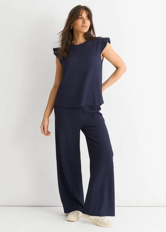 Dark Blue Frill Sleeves Textured Oversized Top