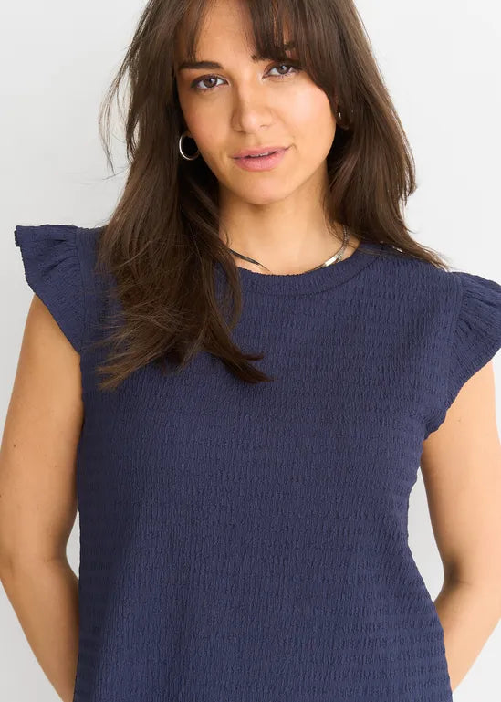 Dark Blue Frill Sleeves Textured Oversized Top