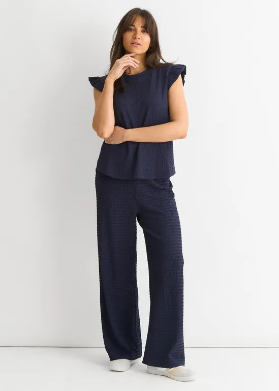 Dark Blue Frill Sleeves Textured Oversized Top