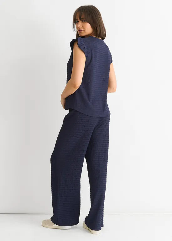 Dark Blue Frill Sleeves Textured Oversized Top